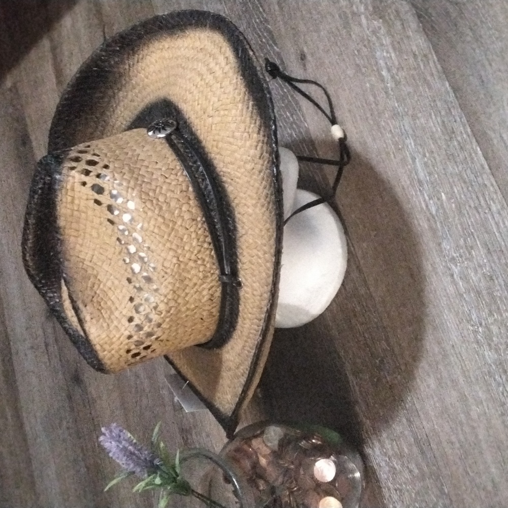 NWT: JACOBSON HAT,  STRAW/PAPER WOVEN COWBOY HAT W/  LEATHER BEADED CHIN STRAP.